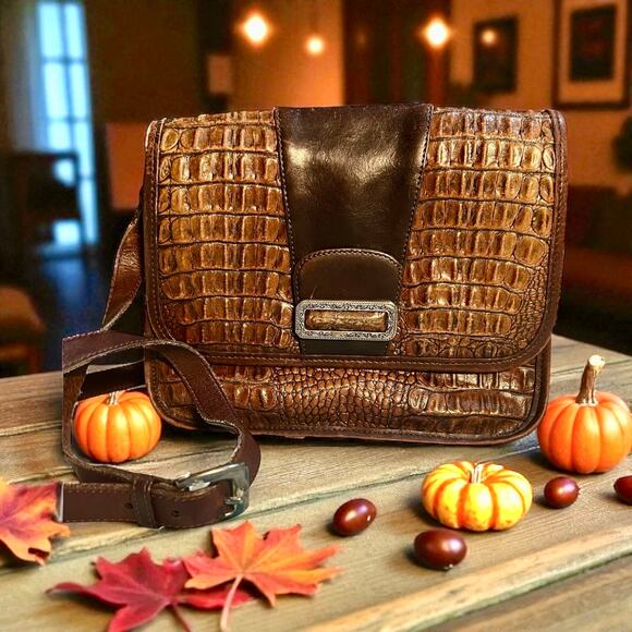 Vintage BRIGHTON Black Brown Pebbled Leather Croc Shoulder Messenger Bag Purse - Picture 1 of 12